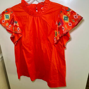 Women's Crown & Ivy Orange Blouse Ruffled Neck & Embroidered Sleeves, Size M
